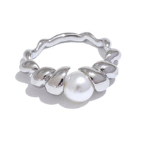 Yhpup Elegant Imitation Pearls Stainless Steel Twisted Geometric Ring