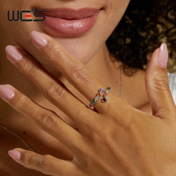 WES 925 Sterling Silver Rings for Women Rainbow Crystal Colorful