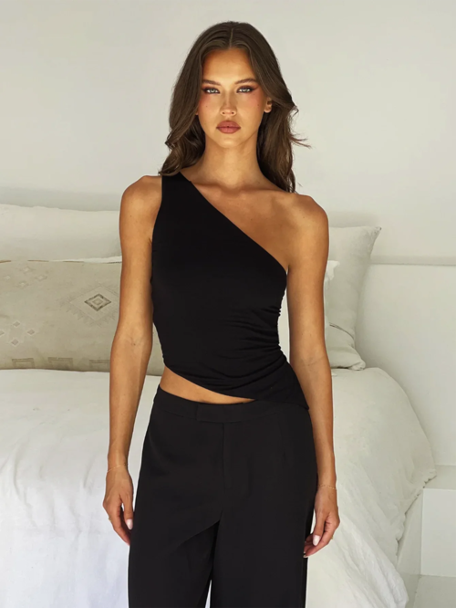 Women's Sexy Diagonal Shoulder Strap Sleeveless Backless Tight Top Backless Back Tie Sexy Black Shirt