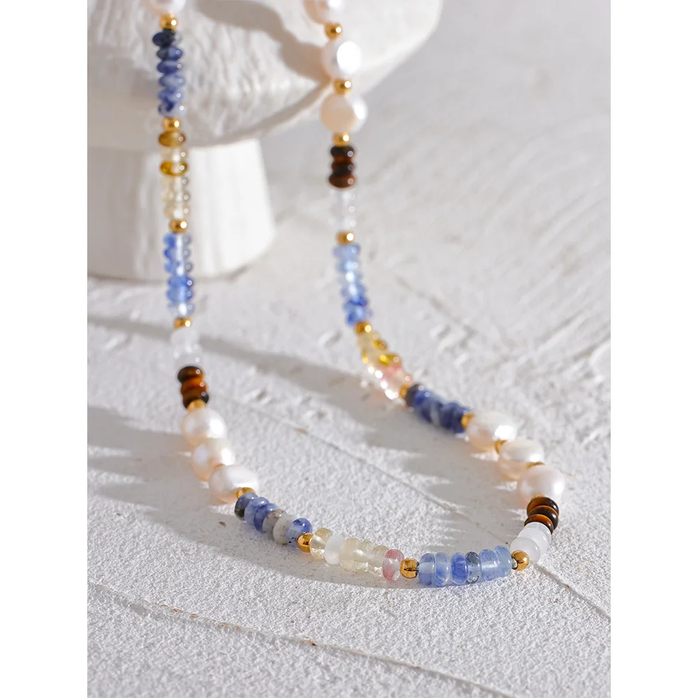 Yhpup Natural Stone Freshwater Pearl Lapis Lazuli Beads Chain Handmade