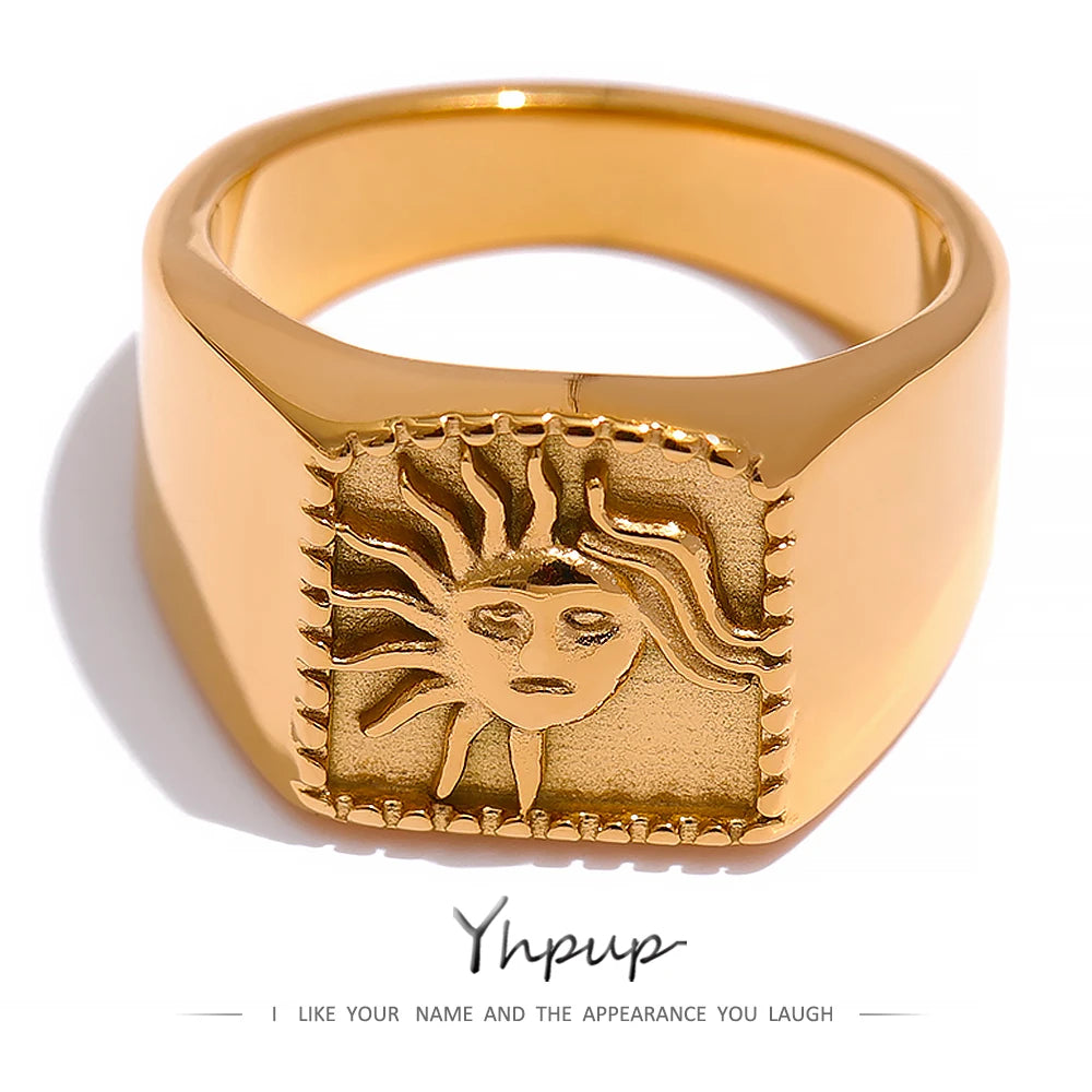 Yhpup Sun Abstract Ring Stainless Steel Golden Texture Metal Geometric