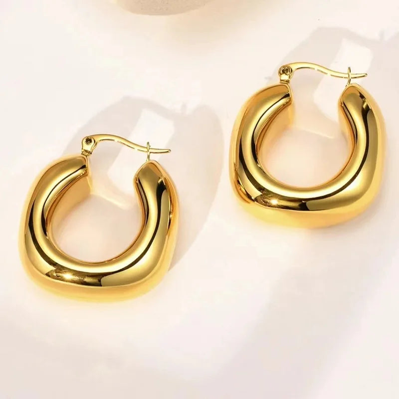 KESLEY Stainless Steel Gold Color Round Chunky Hoops Earrings for Women Luxury Medium Size Hoops