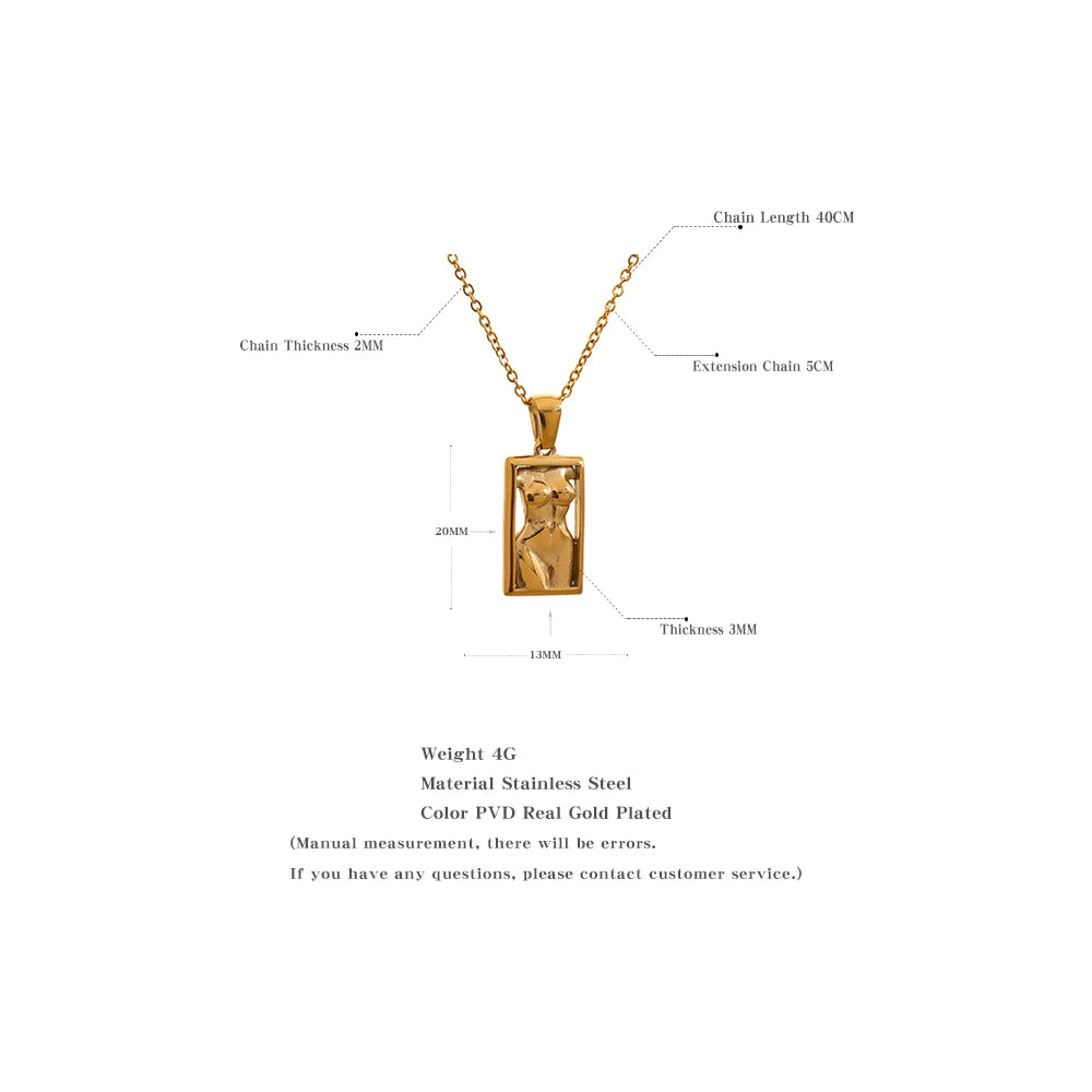 KESLEY Statement Body Sculpture Necklace Square Pendant Stainless Steel Statement Necklace Waterproof Gold Plated