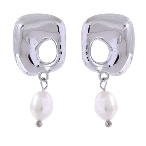 Yhpup New Stainless Steel Square Hollow Natural Pearl Drop Earrings