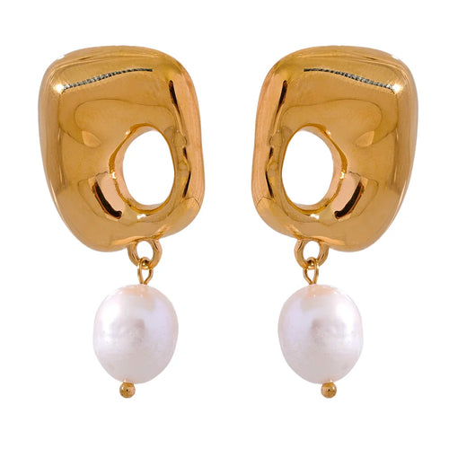 Yhpup New Stainless Steel Square Hollow Natural Pearl Drop Earrings