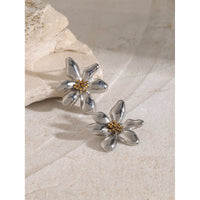 KESLEY Flower Stud Earrings Two Tone Gold and Silver Mix Chunky Stainless Steel Hypoallergenic Waterproof Jewelry