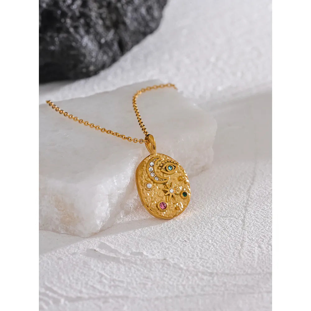 KESLEY Moon Star Eye Round Coin Oval Pendant Necklace Waterproof Hypoallergenic Stainless Steel 18K Gold Plated Jewelry