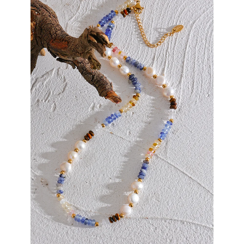 Yhpup Natural Stone Freshwater Pearl Lapis Lazuli Beads Chain Handmade