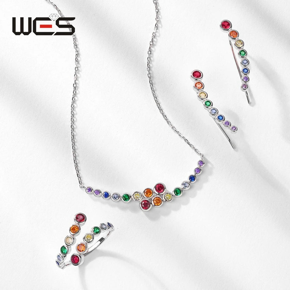 WES 925 Sterling Silver Rings for Women Rainbow Crystal Colorful