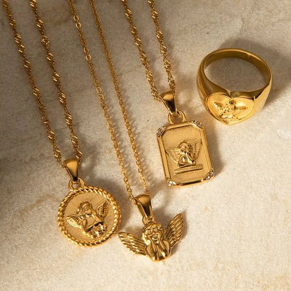 KESLEY  Angel Jewelry Waterproof Hypoallergenic Stainless Steel Angel Pendant Necklace Chain Jewelry Gold