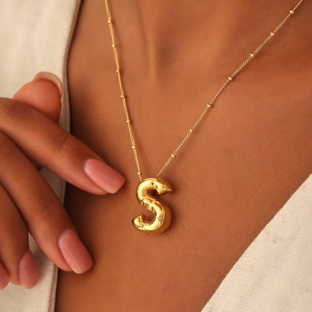 Vintage Stainless Steel Balloon Bubble Chunky Letter Necklace for Women 18K Gold Plated Initial Necklaces Collar Jewelry Gift KESLEY Waterproof Jewelry