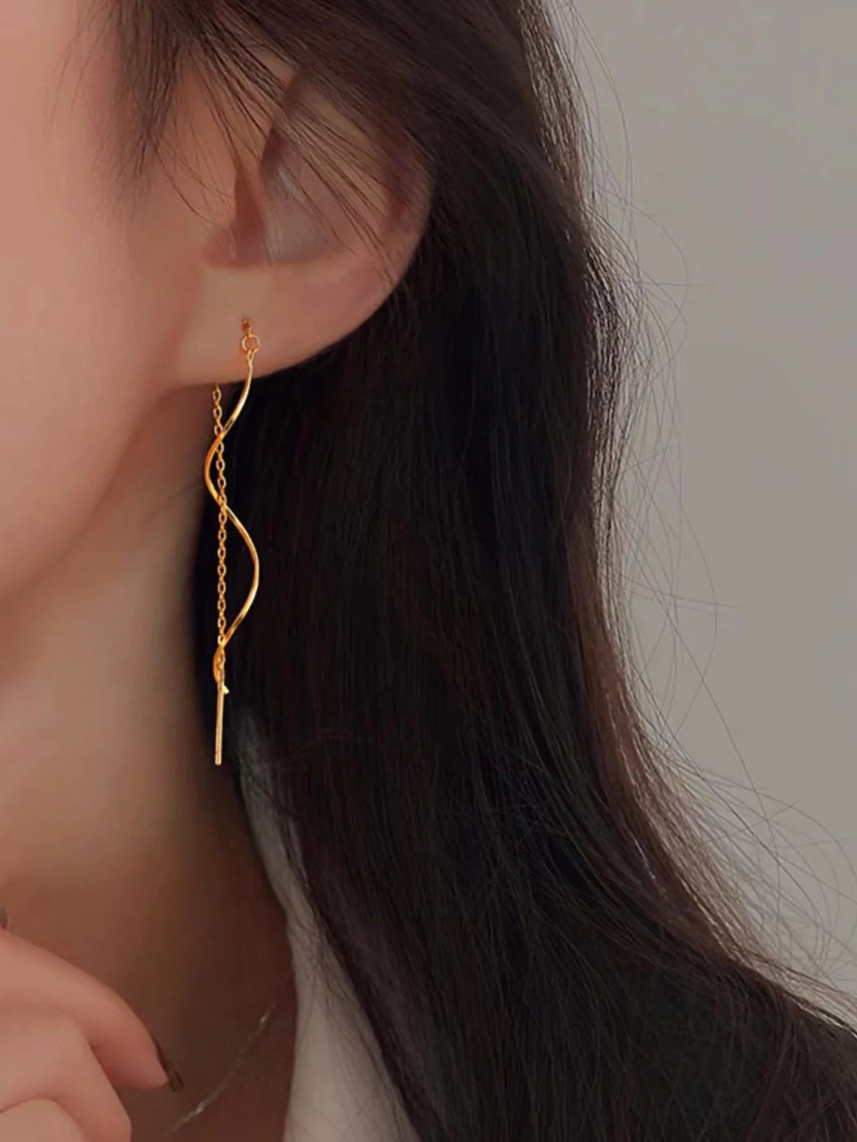Ear Thread Earrings Gold Plated Stainless Steel 18K Gold Plated Curve Dangle Earrings Waterproof