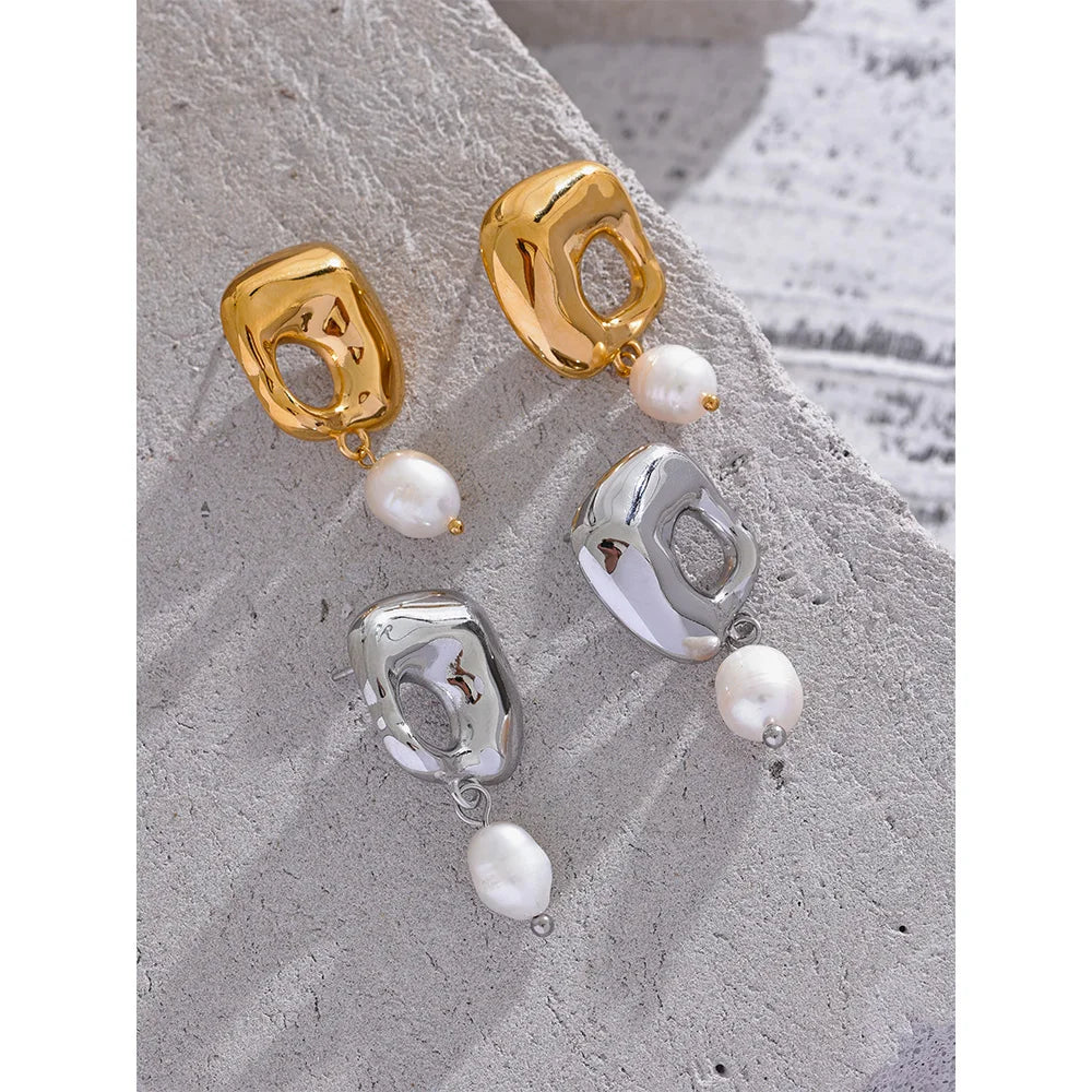 Yhpup New Stainless Steel Square Hollow Natural Pearl Drop Earrings