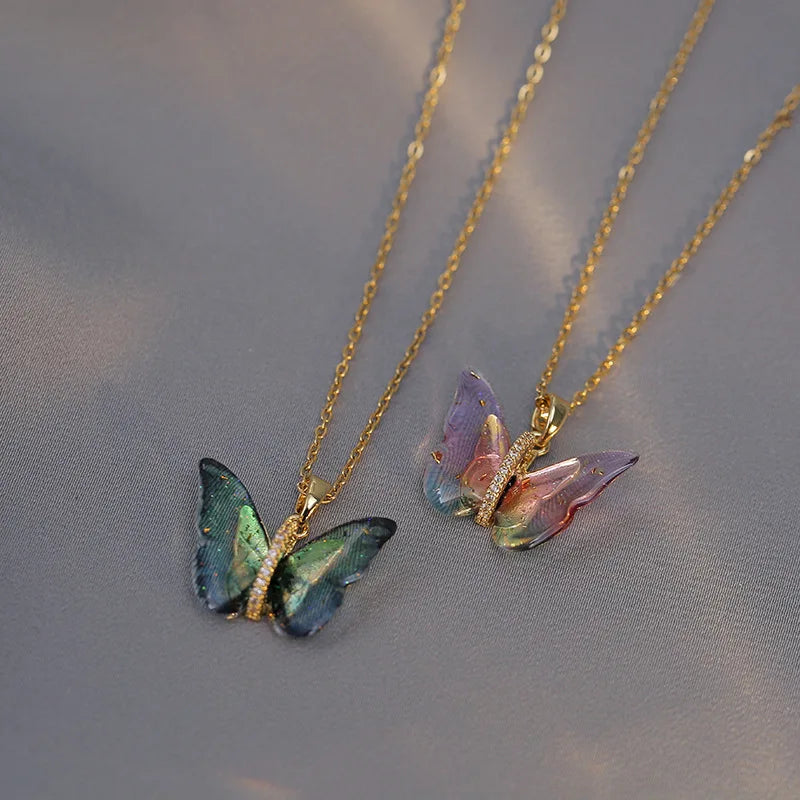 Butterfly Necklace Stainless Steel Gold Plated Gradient Pink Color Butterfly Crystal Pendant Necklace For Women Luxury Jewelry