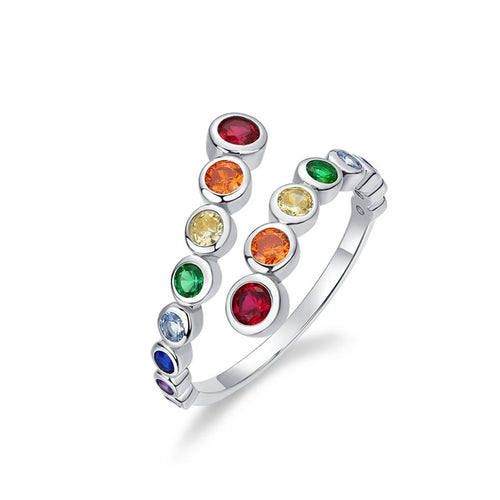 WES 925 Sterling Silver Rings for Women Rainbow Crystal Colorful