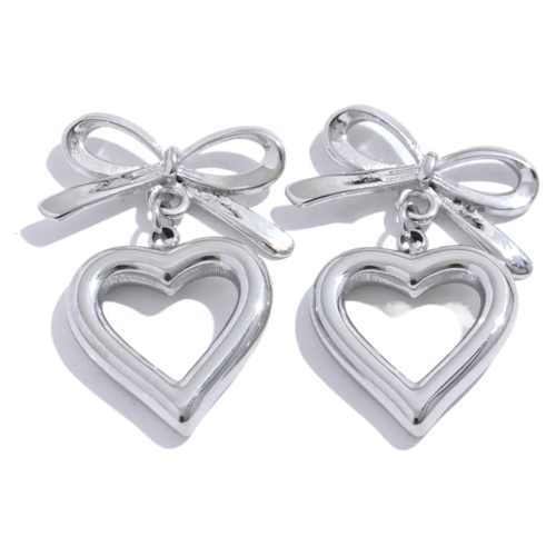 KESLEY New Stainless Steel Bow Tie Heart Love Hollow Drop Earrings