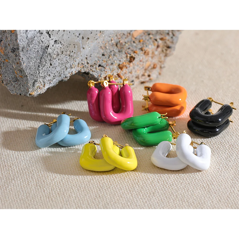 KESLEY Colorful Enamel Hoop Earrings Chunky Hypoallergenic Waterproof Fashion Stainless Steel Square Chunky Hollow Y2K