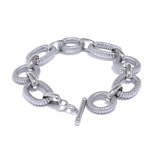 KESLEY 316L Stainless Steel Metal Texture Oval Chain Bracelet Paperclip Style Statement Jewelry