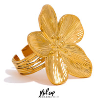 Yhpup Waterproof 18K Gold Color Stainless Steel Flower Big Open Ring