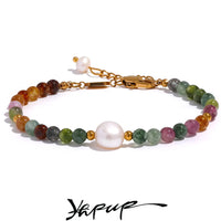 Yhpup Natural Tourmaline Stone Pearl Fashion Colorful Bead Bracelet