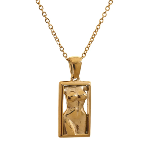 KESLEY Statement Body Sculpture Necklace Square Pendant Stainless Steel Statement Necklace Waterproof Gold Plated