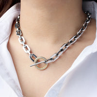 KESLEY Thick Chunky Necklace Lariat Style Stainless Steel Necklace Chain T Toggle Clasp Crystal Stones Link Lock