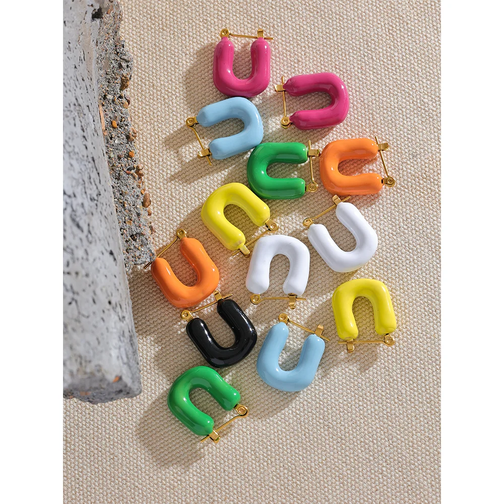 KESLEY Colorful Enamel Hoop Earrings Chunky Hypoallergenic Waterproof Fashion Stainless Steel Square Chunky Hollow Y2K