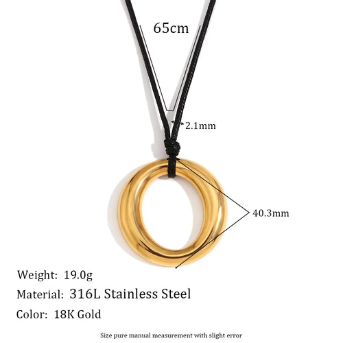 KESLEY O-shaped Circular Pendant with Black Rope necklace 18K Gold