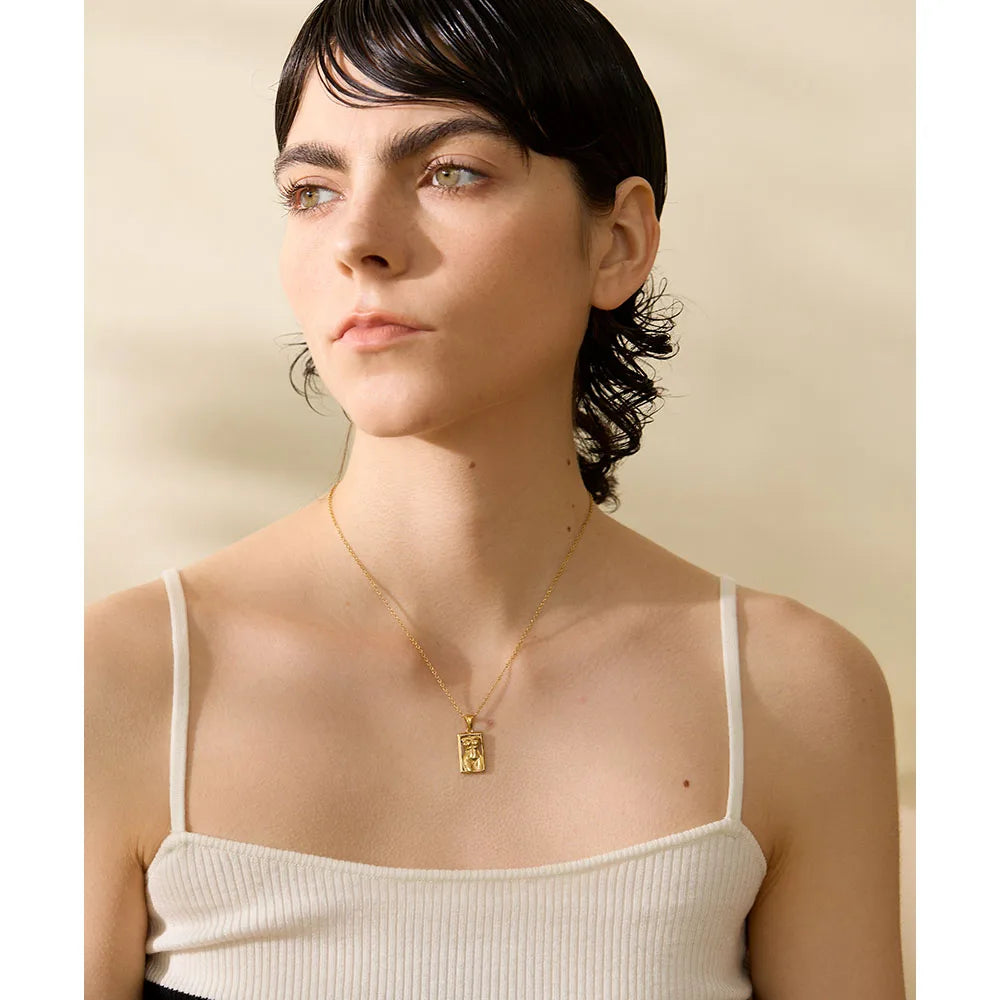 KESLEY Statement Body Sculpture Necklace Square Pendant Stainless Steel Statement Necklace Waterproof Gold Plated