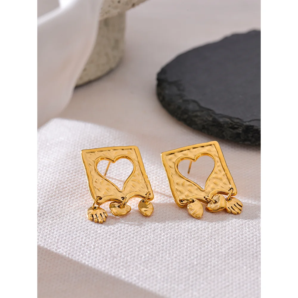 Yhpup Fashion Stainless Steel Square Hollow Heart Drop Earrings for