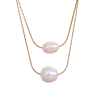 Yhpup Natural Freshwater Pearls Chain Double Layer Overlay Necklace