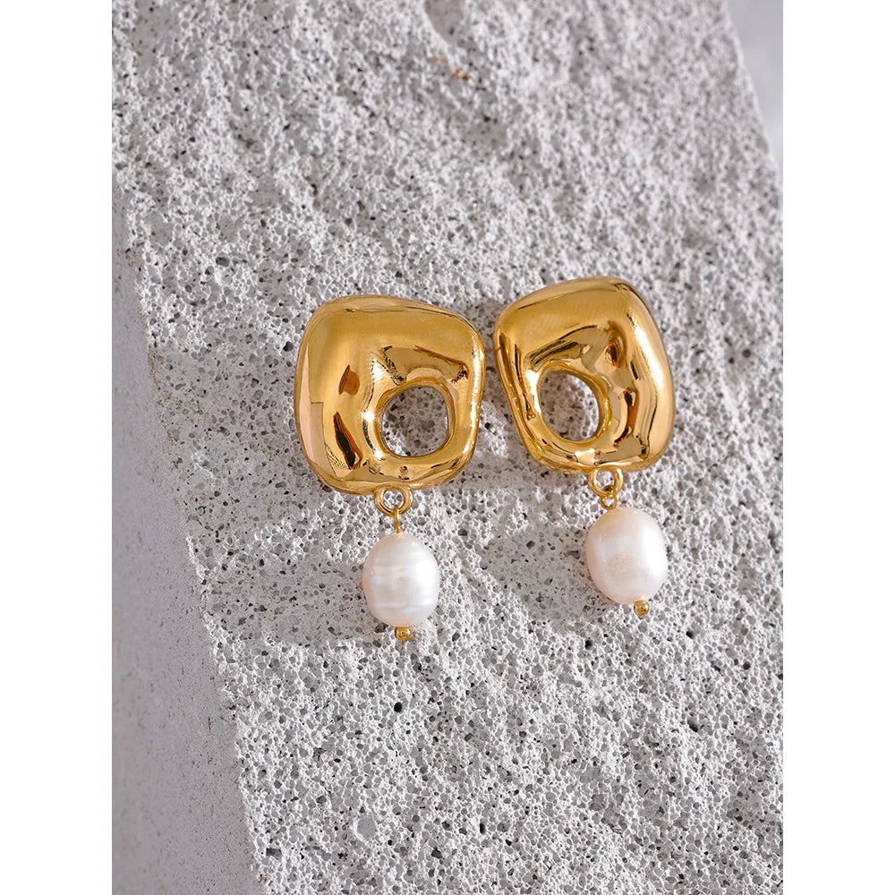 Yhpup New Stainless Steel Square Hollow Natural Pearl Drop Earrings