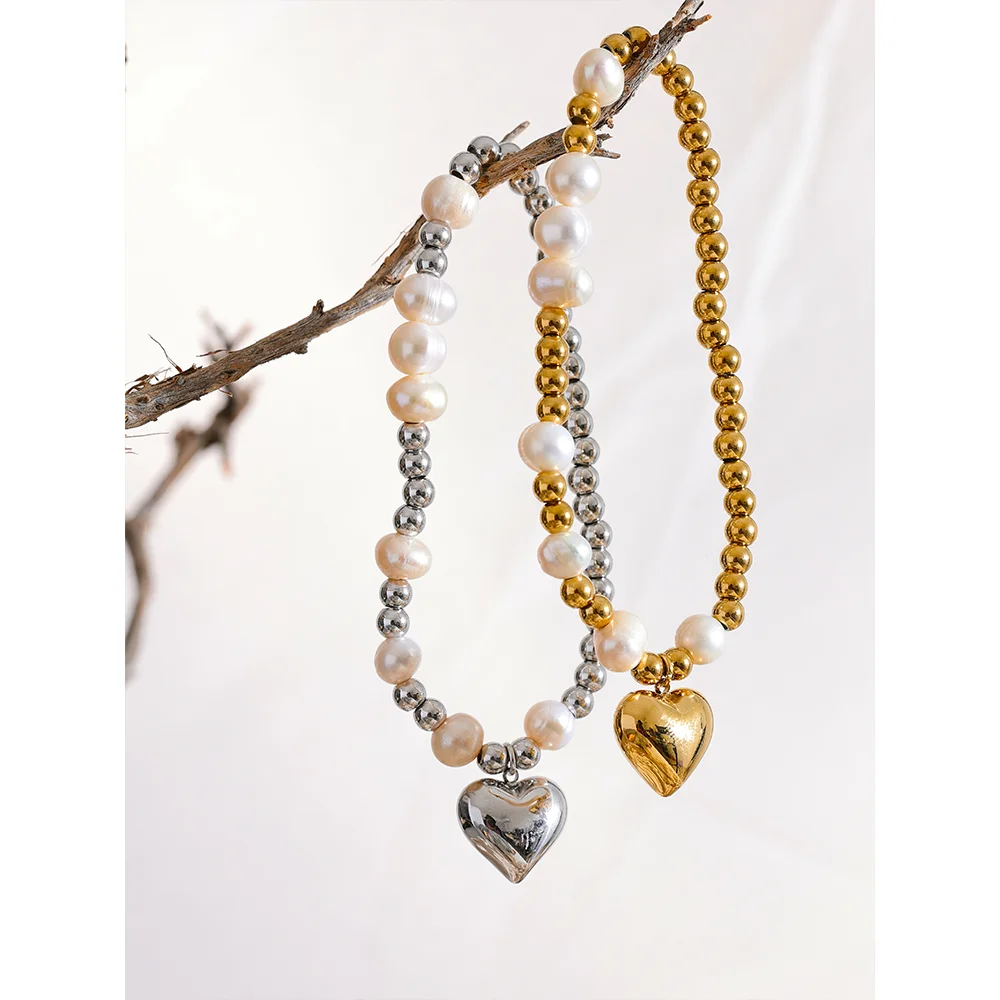 Yhpup Stainless Steel Natural Pearl Round Beads Chain Drop Heart