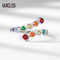 WES 925 Sterling Silver Rings for Women Rainbow Crystal Colorful