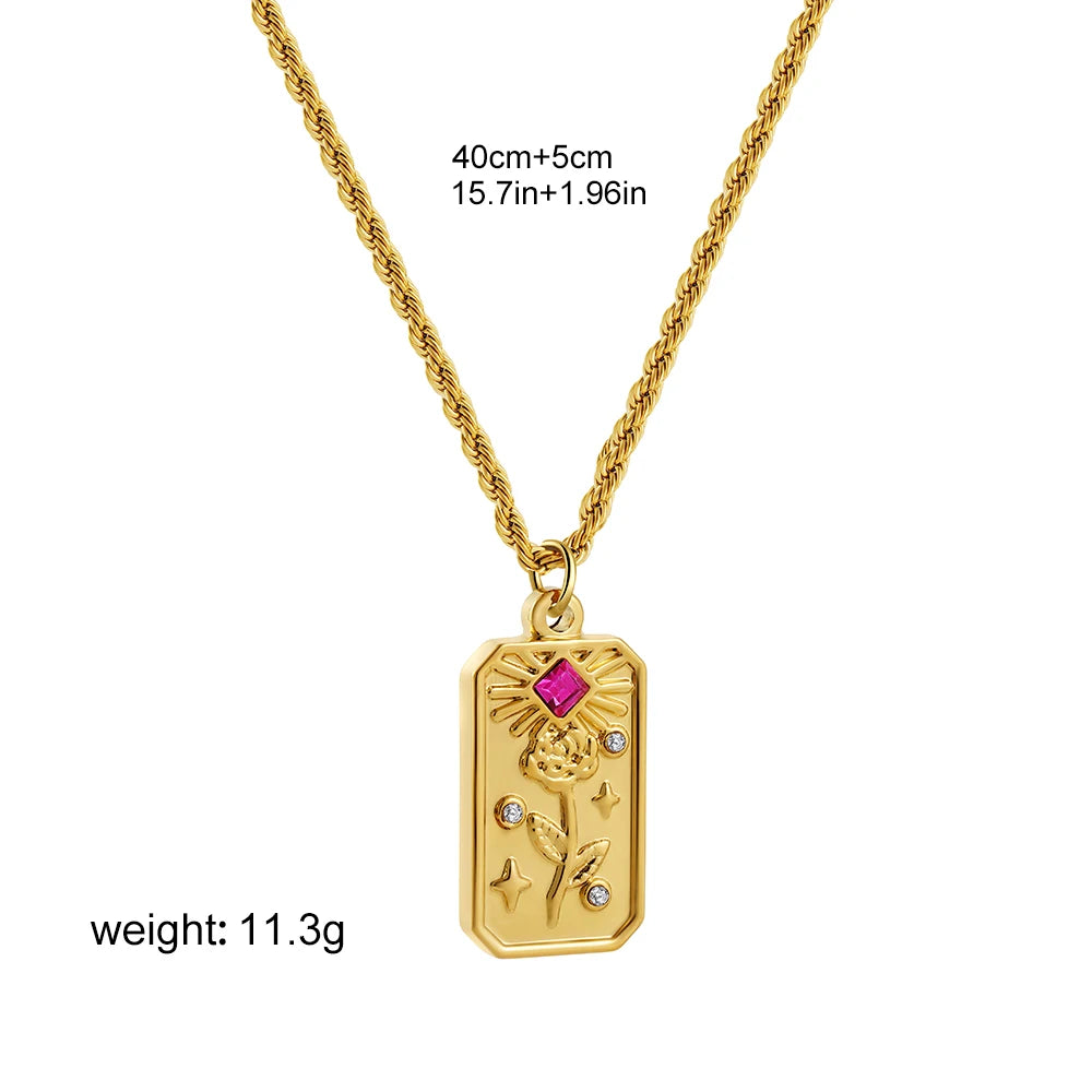 Stainless Steel Vintage Gold Plated Tarot Necklace for Women Sun Moon Square Pendant Necklaces