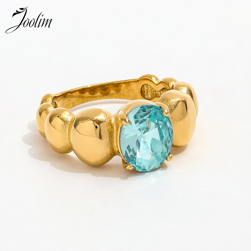 KESLEY High End PVD Tarnish Free Fashion Chunky Light Blue Stone Ball Ring Waterproof Rings