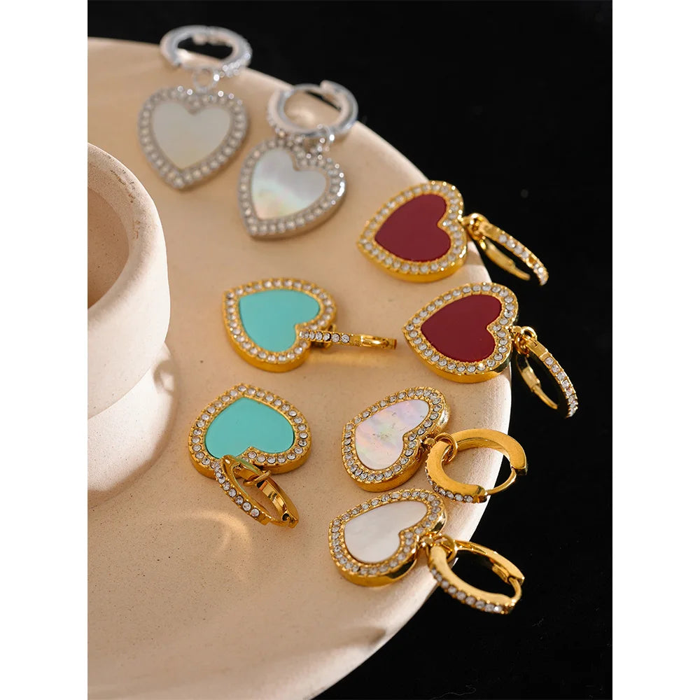 KESLEY Heart Dangle Charm Earrings Cubic Zirconia Stainless Steel Shell Acrylic Heart Drop Earrings