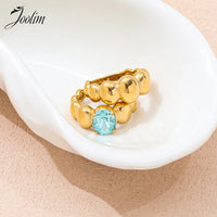 KESLEY High End PVD Tarnish Free Fashion Chunky Light Blue Stone Ball Ring Waterproof Rings