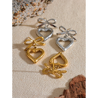 KESLEY New Stainless Steel Bow Tie Heart Love Hollow Drop Earrings