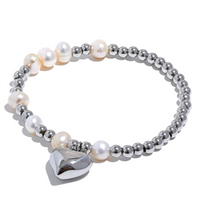 Yhpup Stainless Steel Natural Pearl Round Beads Chain Drop Heart