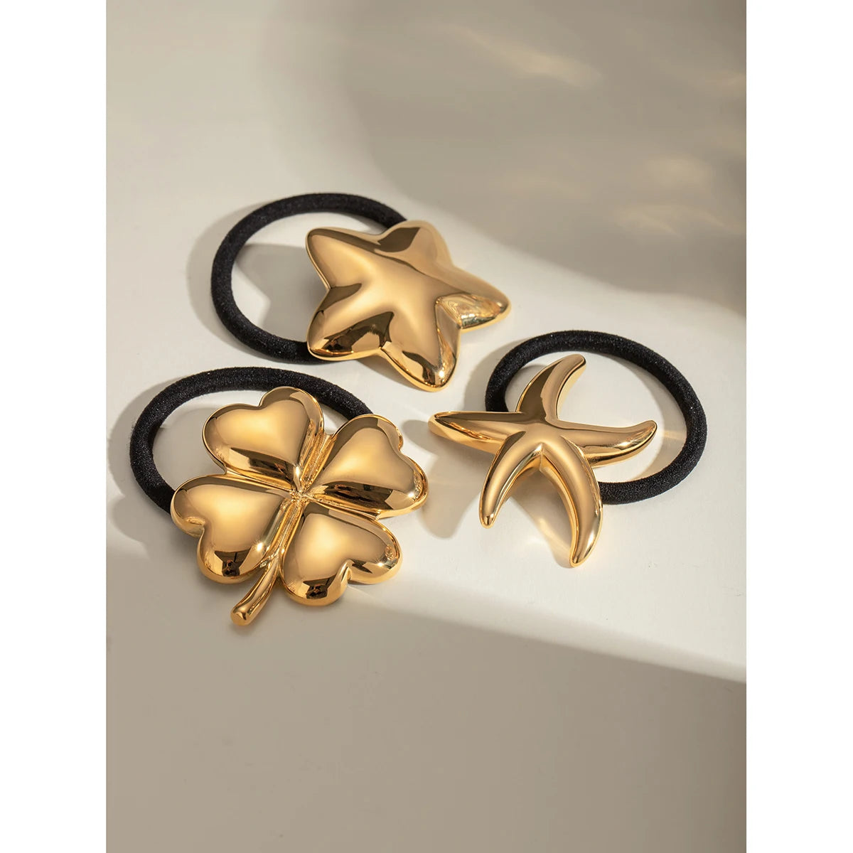 Stainless Steel 18K Gold Plated Glossy Four Clover Chubby Pentagram