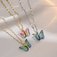 Butterfly Necklace Stainless Steel Gold Plated Gradient Pink Color Butterfly Crystal Pendant Necklace For Women Luxury Jewelry