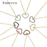ANDYWEN 925 Sterling Silver Zircon Colorful Rainbow Heart Pendant Long