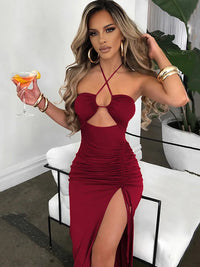 Sleeveless Sexy Female Midi Backless Dresses Slim Night Club Party Dress Sexy Cutouts Bodycon Slit Dress