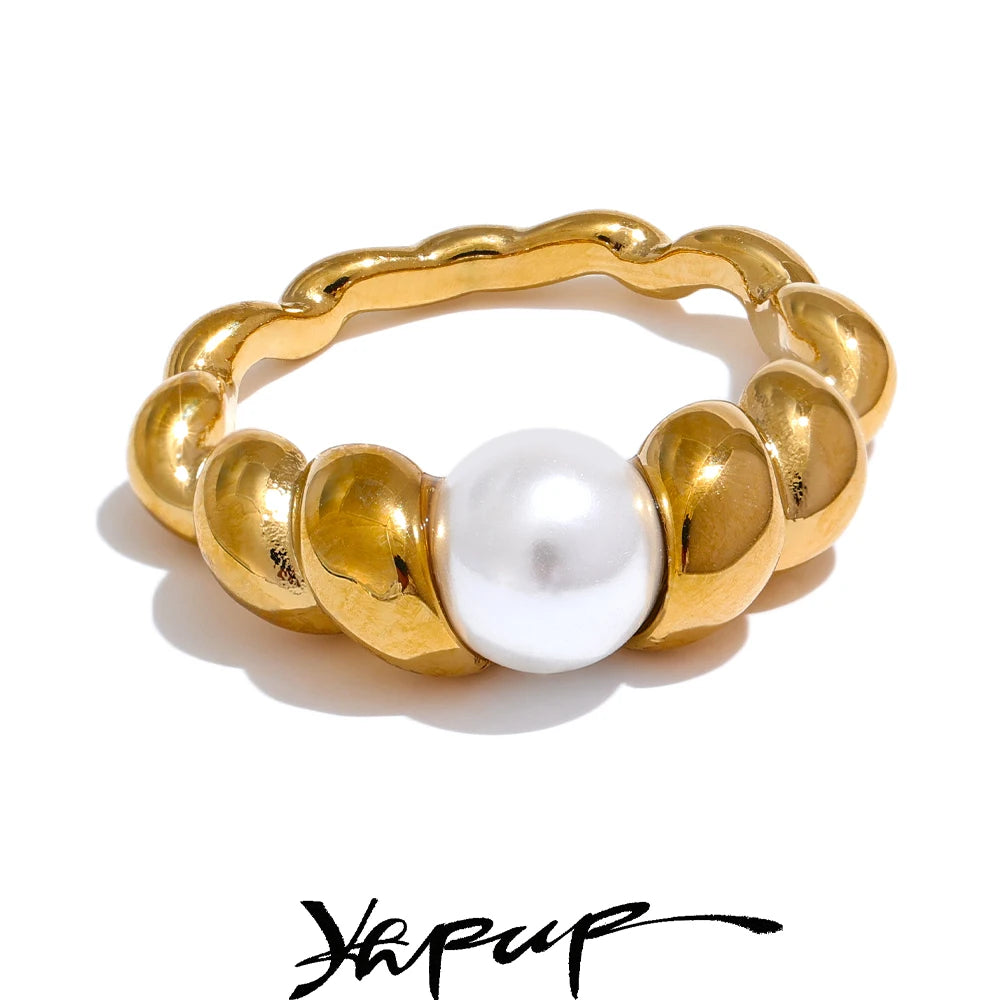 Yhpup Elegant Imitation Pearls Stainless Steel Twisted Geometric Ring