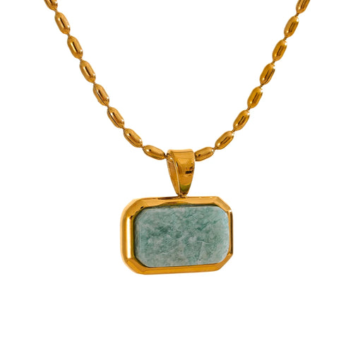 Yhpup Amazonite Square Natural Stone Stylish Pendant Stainless Steel