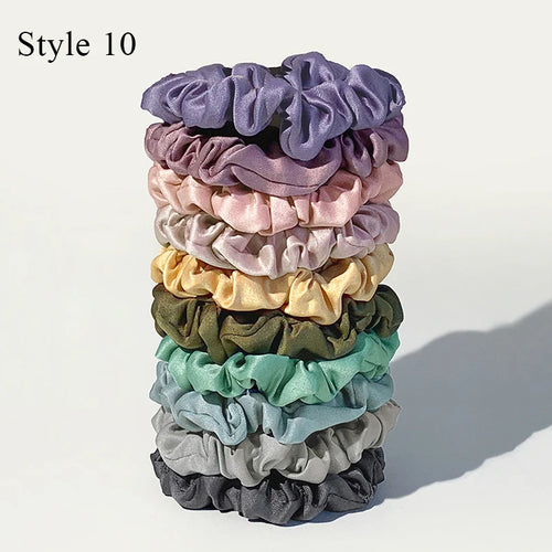 10pcs/pack Women Silky Satin Skinny Elastic Hair Band Solid Color
