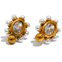 Yhpup High Quality Imitation Pearls Stainless Steel Zircon Geometric