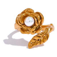 Yhpup Stainless Steel Rose Flower Leaf Pearl Ring for Women 18K PVD