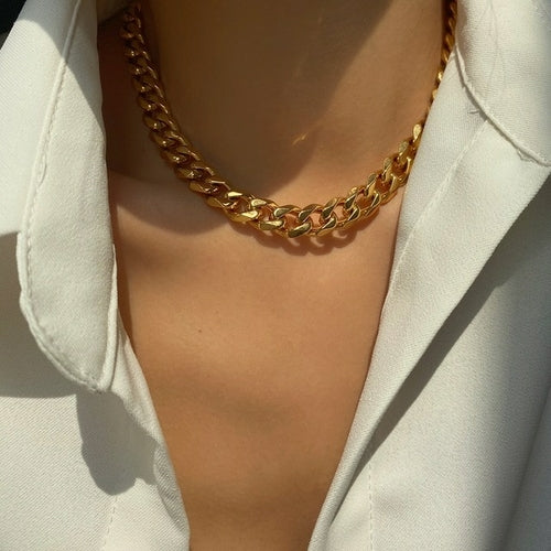 Gold Chunky Stainless Steel Necklace - Gold Plated Stainless Steel Waterproof Jewelry KESLEY